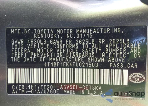 2015 Toyota Camry Se из США, поврежденный, VIN 4T1BF1FK4FU021503